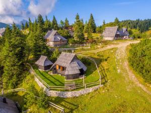 una vista aérea de una localidad con cabañas de madera en Chalet Resa - Velika planina, en Stahovica