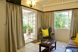 a living room with a chair and a window at Chobe River Cottages in Kasane