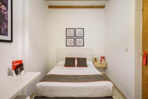 a small bedroom with a white bed with two pillows at Hostal Austria in Granada