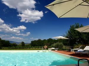 a large swimming pool with an umbrella and chairs at Agriturismo Il Sole Verde in Bucine