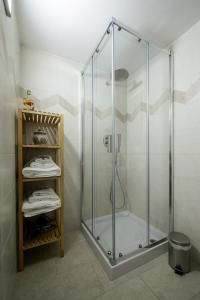 a glass shower stall in a bathroom with towels at Milcovich Suites in Barletta