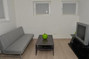 Sala de estar con sofá y mesa de centro con manzana en Apartment in Reutlingen / Sickenhausen, en Reutlingen