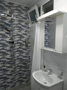 a bathroom with a sink and a shower with a shower curtain at Apartman Iva in Zaječar