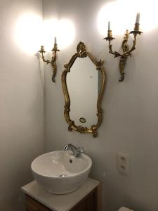 uma casa de banho com um lavatório e um espelho na parede em Love Nest Versailles - Unique Louis XIV decoration - Calm location right IN city center em Namur