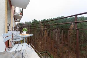 balkon ze stołem i krzesłami oraz widokiem na drzewa w obiekcie Apartament Forest - Parking - Praia Apartments Sopot Aquapark w mieście Sopot