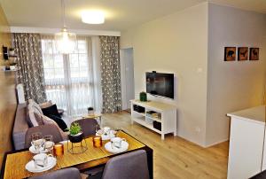 TV a/nebo společenská místnost v ubytování Apartamenty Sun&Fun Rezydencja Parkowa Nadrzeczna 3D i 3E -blisko centrum, dworca PKP w otoczeniu zieleni