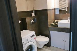 a bathroom with a washer and a toilet and a sink at Apartament Ryska 3A in Białystok