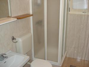 ein Bad mit einer Dusche, einem WC und einem Waschbecken in der Unterkunft Apartments Mia in Starigrad-Paklenica