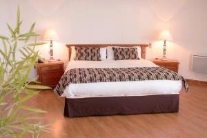 ビーニャデルマールにあるHotel Montecarlo Viña del Marのベッドルーム1室(大型ベッド1台、ランプ2つ付)
