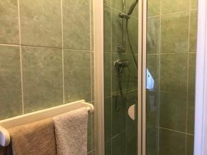 a bathroom with a shower with a glass door at Bowman Lodge in Chester