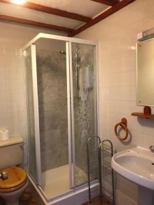 uma casa de banho com um chuveiro, um WC e um lavatório. em Bowman Lodge em Chester