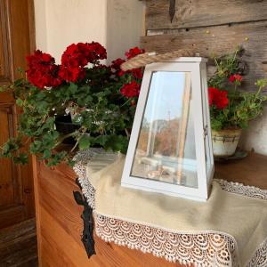 un espejo sentado en la parte superior de un tocador con flores rojas en Baltā māja en Pilsrundāle