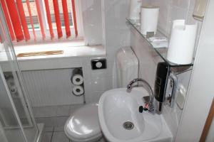 a small bathroom with a toilet and a sink at La Rustica Altstadthotel in Wernigerode