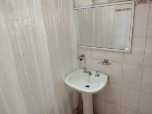 un baño con lavabo y espejo en Cabana Caburgua, en Caburgua 59 fotos más