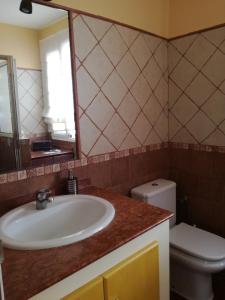 een badkamer met een wastafel, een toilet en een spiegel bij Casa La Palomera 1 in Valle Gran Rey