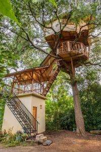a tree house with a staircase in a tree at River Side Cabana in Tissamaharama