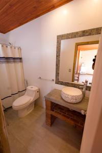 uma casa de banho com um WC, um lavatório e um espelho. em Cabañas La Luz em Olmué