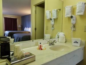 a bathroom with a sink and a large mirror at Days Inn by Wyndham Camilla in Camilla