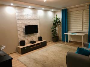 a living room with a flat screen tv on a brick wall at Apartament Brzoza Bydgoska in Brzoza