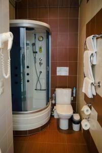 a bathroom with a shower and a toilet in it at Bogemia City Hotel in Saratov