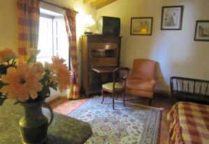 a living room with a tv and a chair at La Frandomière in Saint-Martin-de-Londres