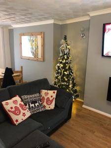 a christmas tree in a living room with a couch at Snowdonia miners cottage in Blaenau-Ffestiniog