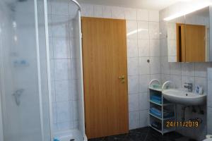 W łazience znajduje się prysznic i umywalka. w obiekcie Am Mehliser Markt w mieście Zella-Mehlis
