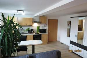 a kitchen and living room with a table and a plant at Am Mehliser Markt in Zella-Mehlis