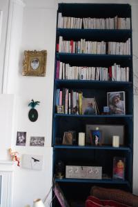 une étagère bleue remplie de nombreux livres dans l'établissement Le Boudoir d'artiste, à Semur-en-Auxois
