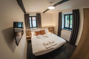 Schlafzimmer mit einem Bett, einem Spiegel und Fenstern in der Unterkunft Resort Orsino in Horní Planá + 37 Fotos