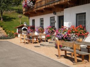 a group of benches and flowers outside of a building at Biohaus Florian in Haus im Ennstal