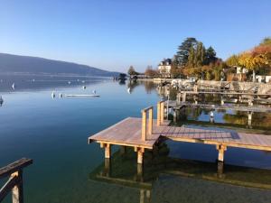 a dock on a lake with ducks in the water at Angel Services - Le parc des Charmilles in Menthon-Saint-Bernard