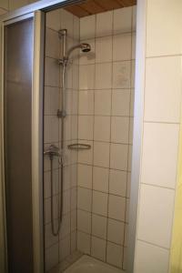a shower with a glass door in a bathroom at Gästehaus Andrea in Schruns-Tschagguns