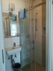 a bathroom with a sink and a glass shower at Gästehaus Tschertou in Ferlach