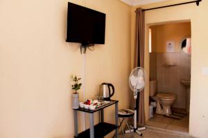 a bathroom with a toilet and a television on the wall at Rio Guest House in Tikoe +73 photos
