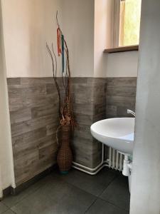 uma casa de banho com um lavatório e um vaso na parede em Hostel Fontána em Praga