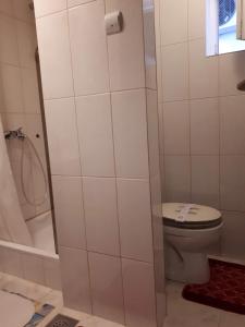 y baño blanco con aseo y ducha. en Centar-August Senoa, en Zagreb