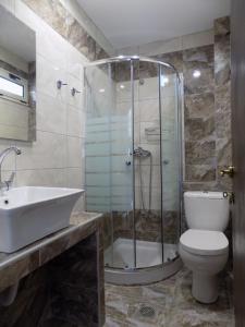 y baño con ducha, aseo y lavamanos. en Alisachni, en Paralia Panteleimonos