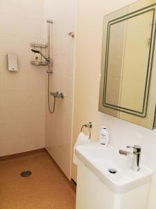 een badkamer met een witte wastafel en een douche bij The Cavendish Five Bells in Cavendish
