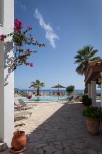een resort met een zwembad, stoelen en palmbomen bij Korfiati Apartments in Laganas