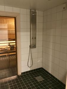 a shower with a hose in a tiled bathroom at North Mountain Lodge in Funäsdalen