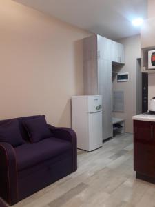 a living room with a couch and a white refrigerator at Apartments near Metalist Stadium in Kharkiv