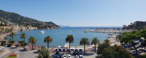 uma vista para uma praia com palmeiras e um porto em Hotel Astoria em Rapallo