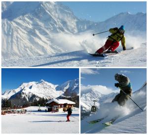 three pictures of people skiing down a snow covered mountain at Hotel Val Joly in Saint-Gervais-les-Bains