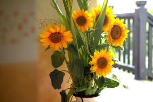 a bouquet of sunflowers in a vase on a table at Landhotel Pension Haus Sonneck in Manderscheid