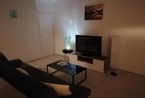 Apartman DORIS-Sveta Nedelja في Strmec Samoborski: غرفة معيشة مع أريكة وتلفزيون