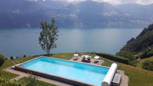 a swimming pool with a view of a lake at Hotel Platten Apartment in Gersau