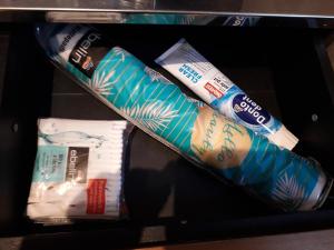 twee tandenborstels en een tube tandpasta op een plank bij Gîte à Andlau in Andlau