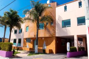 un bâtiment avec des palmiers en face de celui-ci dans l'établissement Plaza Fontesanta, à Amecameca de Juárez