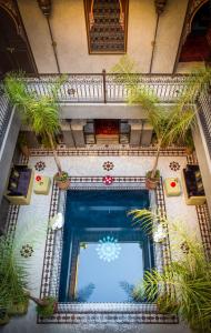 an overhead view of a pool in a building with plants at Riad Touda in Marrakesh